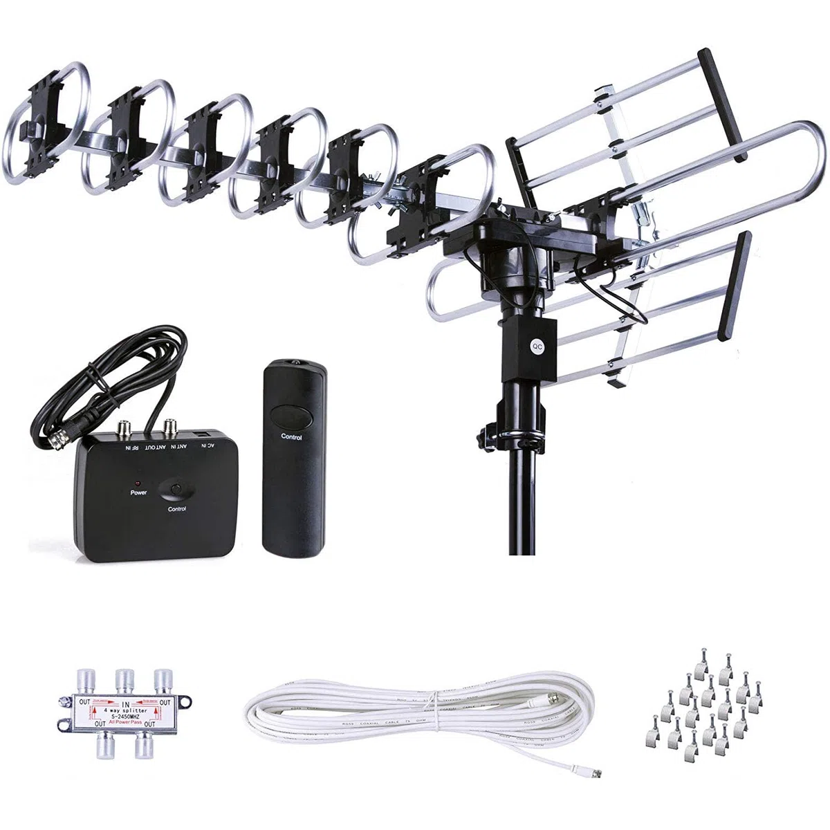Five Star Antenna TV HD per esterni più forte fino a 200 miglia a lungo raggio con rotazione motorizzata di 360 gradi, radio UHFVHFFM con telecomando a infrarossi design avanzato Plus kit di