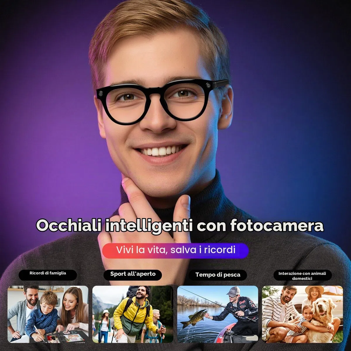 GenXenon Occhiali Connessi Con IA, Occhiali-Camera HD 8 MP – 220 mAh, Video 1200P, Scatto Di Foto E Video, Traduzione In Tempo Reale, Occhiali-Camera Per Ciclismo, Escursionismo E Viaggi.