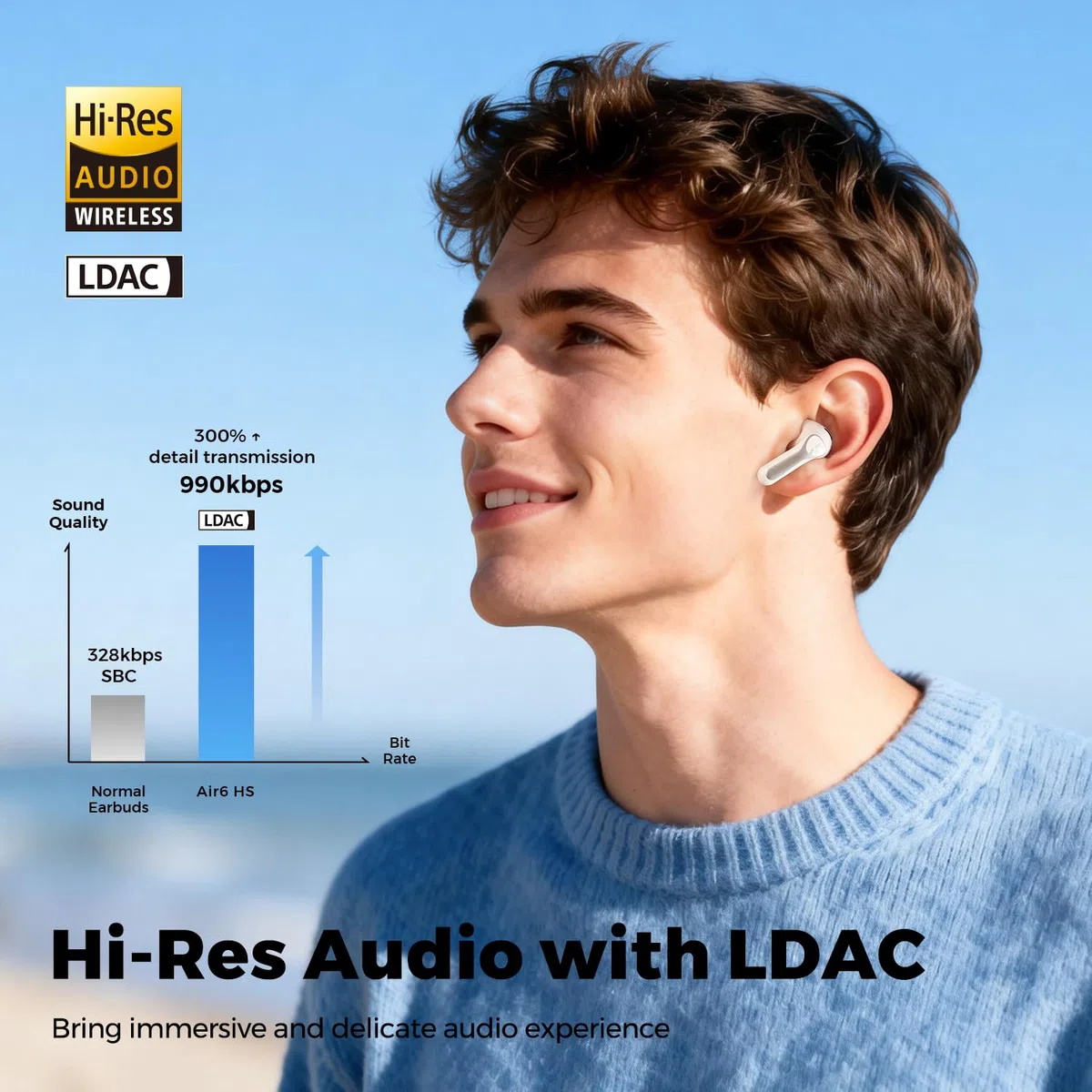 SoundPEATS Air6 HS BT 6.0 - Cuffie senza fili, semi-in-ear per un trasporto leggero e confortevole, driver a tre magneti da 13 mm con audio LDAC Hi-Res, audio ad alta risoluzione, 45 ore di autonomia