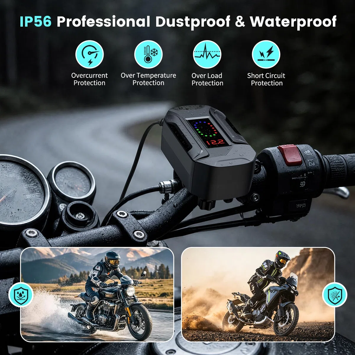 USB Moto Impermeabile con un cavo di ricarica rapida Type-C retrattile lungo 70 CM, 3 in 1 Caricabatterie da Moto per Cellulare USB con Interruttore Voltmetro LED per SUV Marine Motorcycle (2)