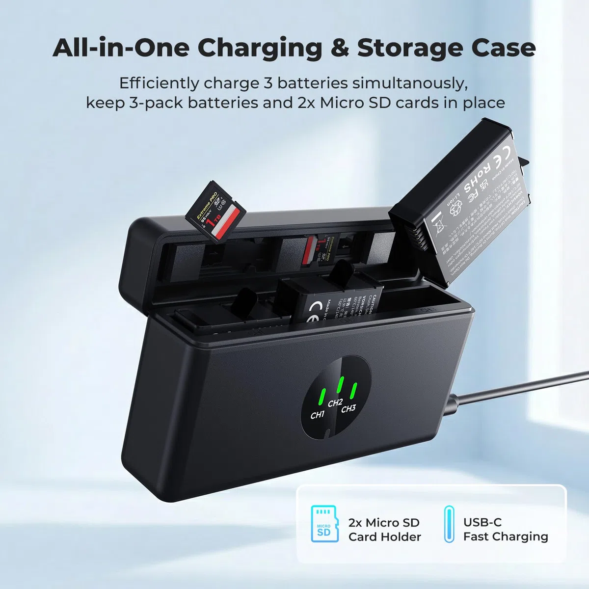 K&F CONCEPT OSMO 360 Batterie de 3 Confezione, Caricabatterie OSMO Action 5 Pro Compatibile con DJI OSMO Action 6, Action 5 Pro, Action 4, Action 3, OSMO 360 fotocamere
