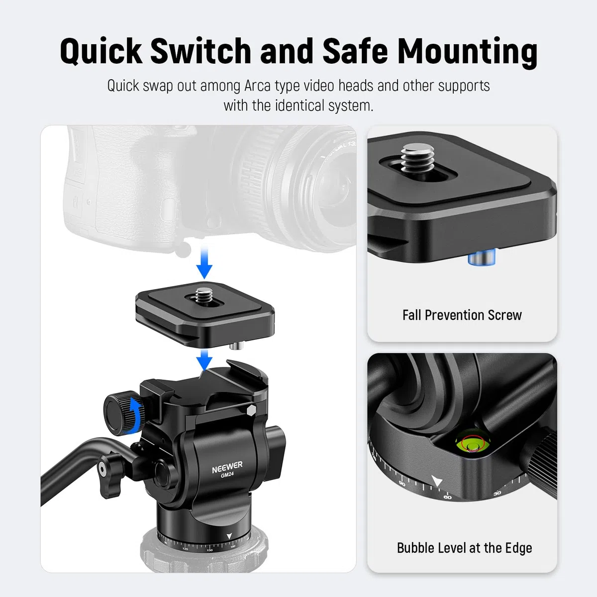 NEEWER Testa Fluida per Treppiede con Piastra Sgancio Rapido e Maniglia, Adattatore Treppiede Fotocamera Pan. Incli. Compatibile con Arca Swiss per Videocamere DSLR Compatte, Max 3kg, GM24 Tutto Nero