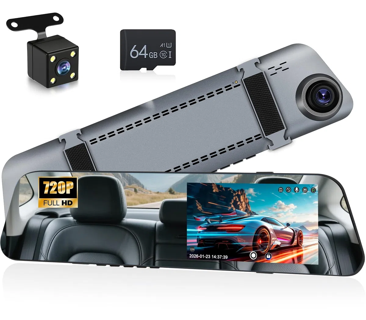 NHOPEEW Mirror Dash Cam 4,7 pollici 720P Doppia telecamera frontale e posteriore - Super visione notturna/Registrazione in loop/Compensazione dell'esposizione - Telecamera di backup per auto