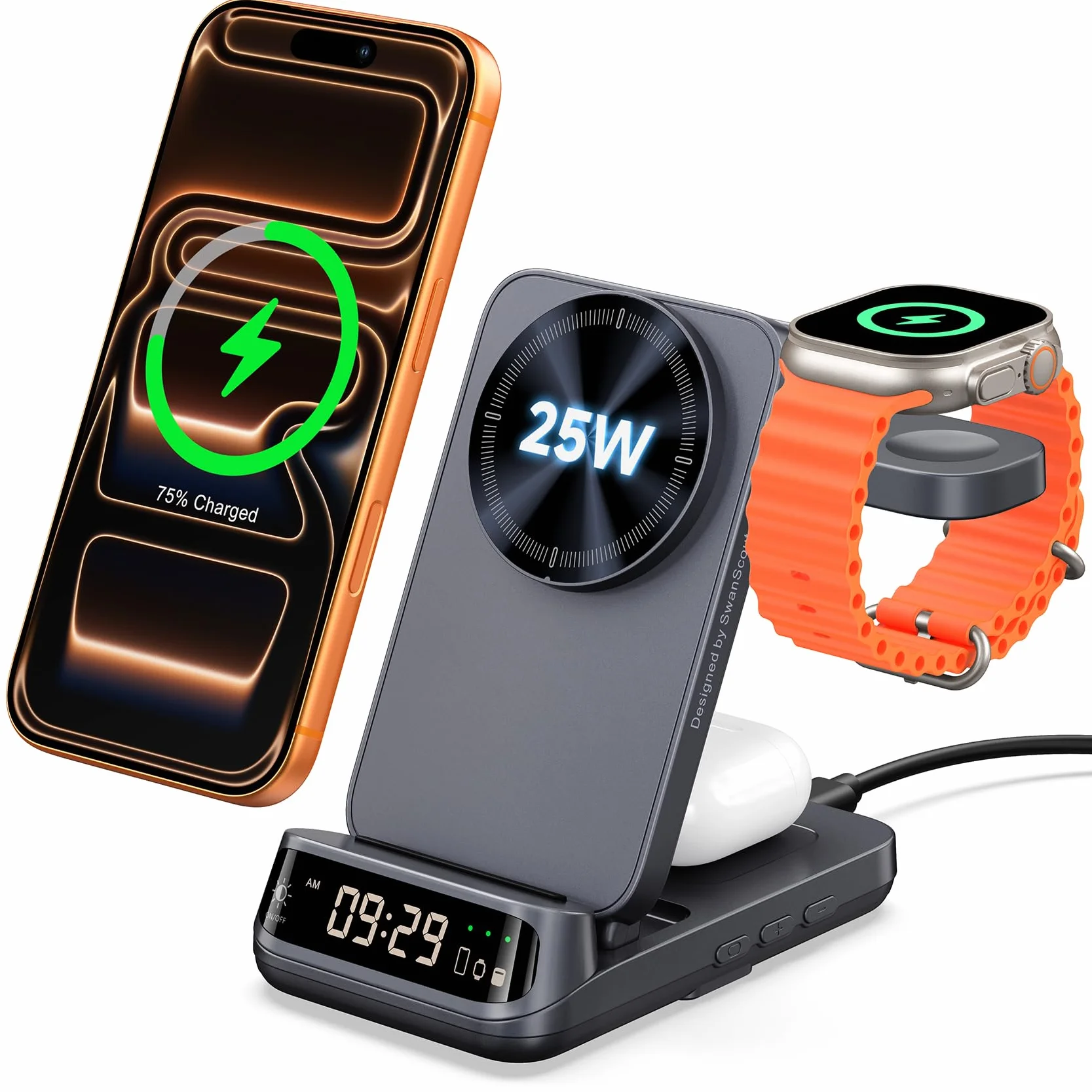Supporto caricabatterie wireless 3 in 1 da 25 W, compatibile con MagSafe, stazione di ricarica magnetica da viaggio pieghevole con orologio per iPhone 17/16/15, Apple Watch, Air Pods, SwanScout 708M