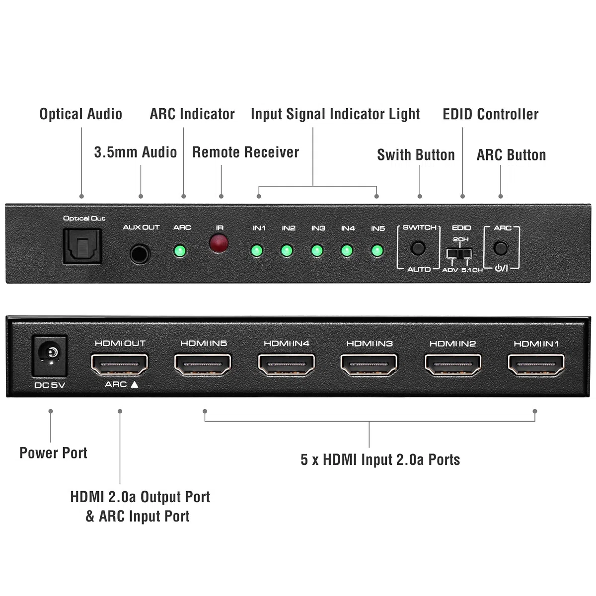 ROOFULL Commutatore HDMI 4K a 5 porte con uscita audio ottica e AUX da 3,5 mm, uscita 5 in 1 4K a 60 Hz, estrattore audio HDMI 2.0 con telecomando, supporto ARC, HDR 10, HDCP 2.2, 18 Gbps, Dolby