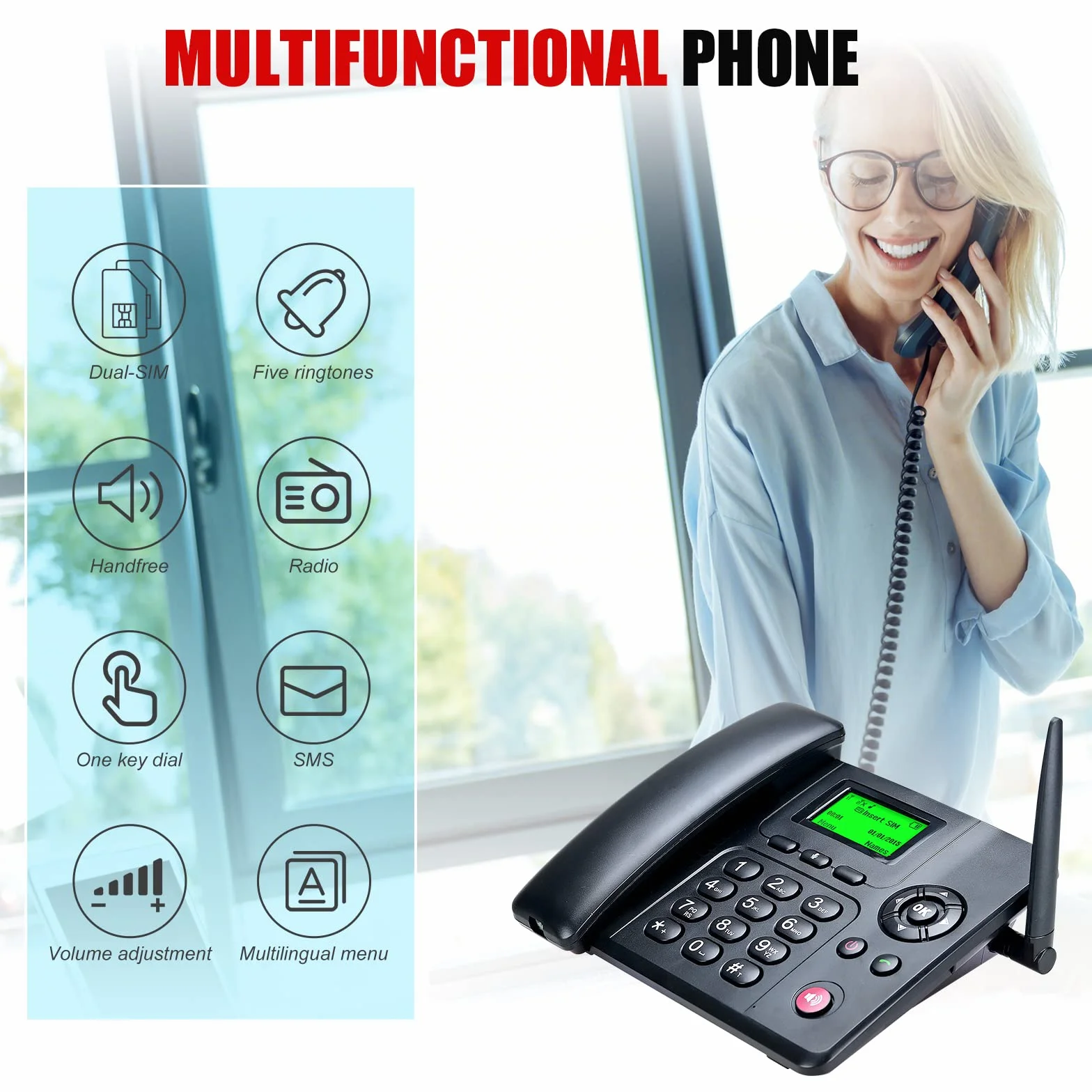 Lychee Wireless Classico Telefono Fisso GSM Quad-band - Dual SIM Card,Supporto Multilingue(Compreso l'italiano), Ampio Display Retroilluminato,Ideale per Casa/Hotel/Ufficione