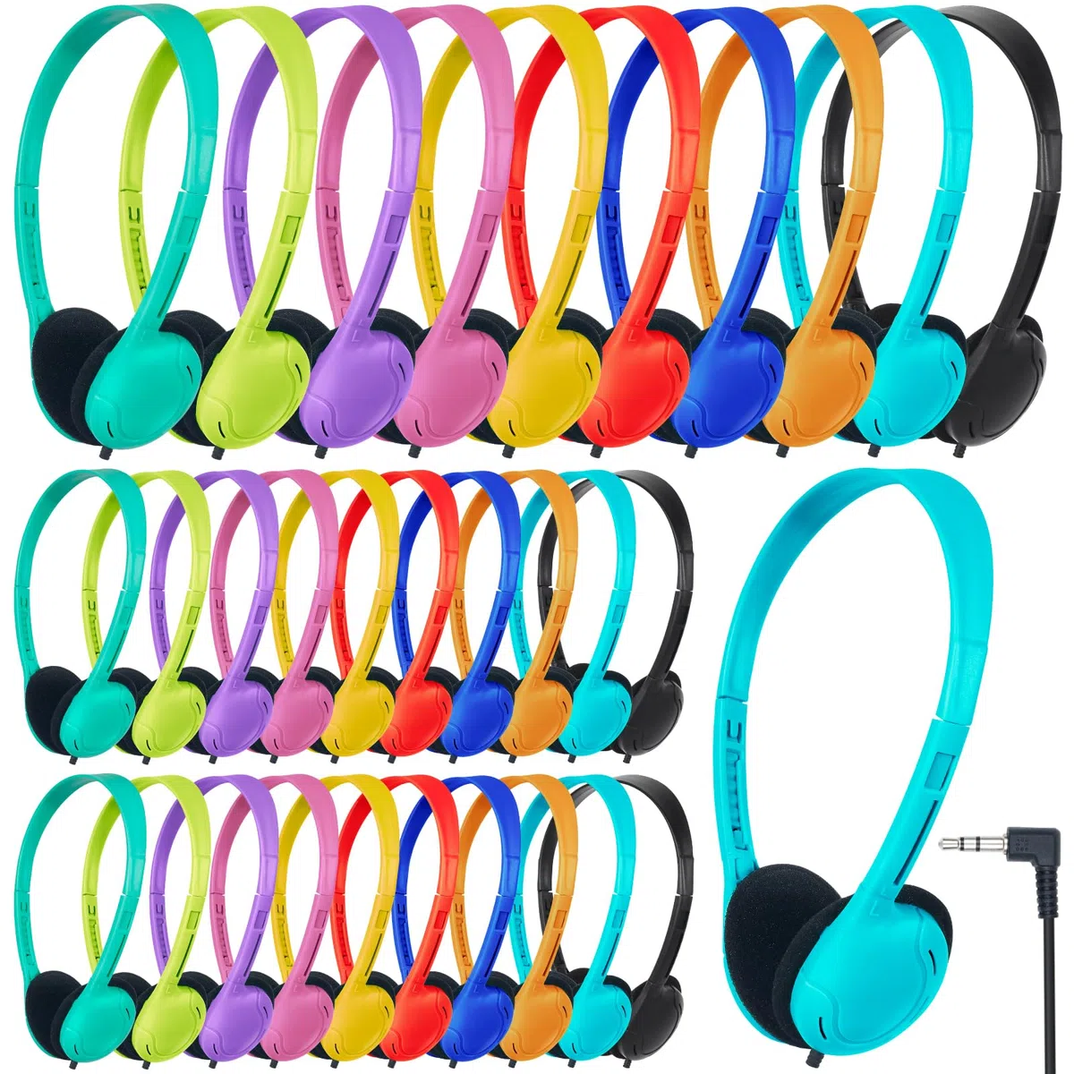 Cuffie per bambini, per scuola, classe, confezione da 100 pezzi, durevoli, per bambini, studenti, ragazzi, ragazze, audio HD, jack da 3,5 mm (colori misti)
