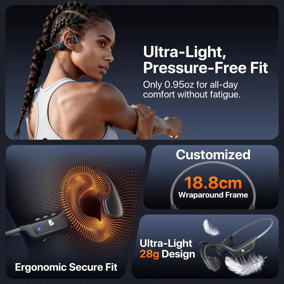 Cuffie a conduzione ossea, cuffie wireless a orecchio aperto, 10 ore di riproduzione, Bluetooth 5.4, cuffie sportive leggere con connessione stabile, cuffie da corsa a prova di sudore, per allenamento