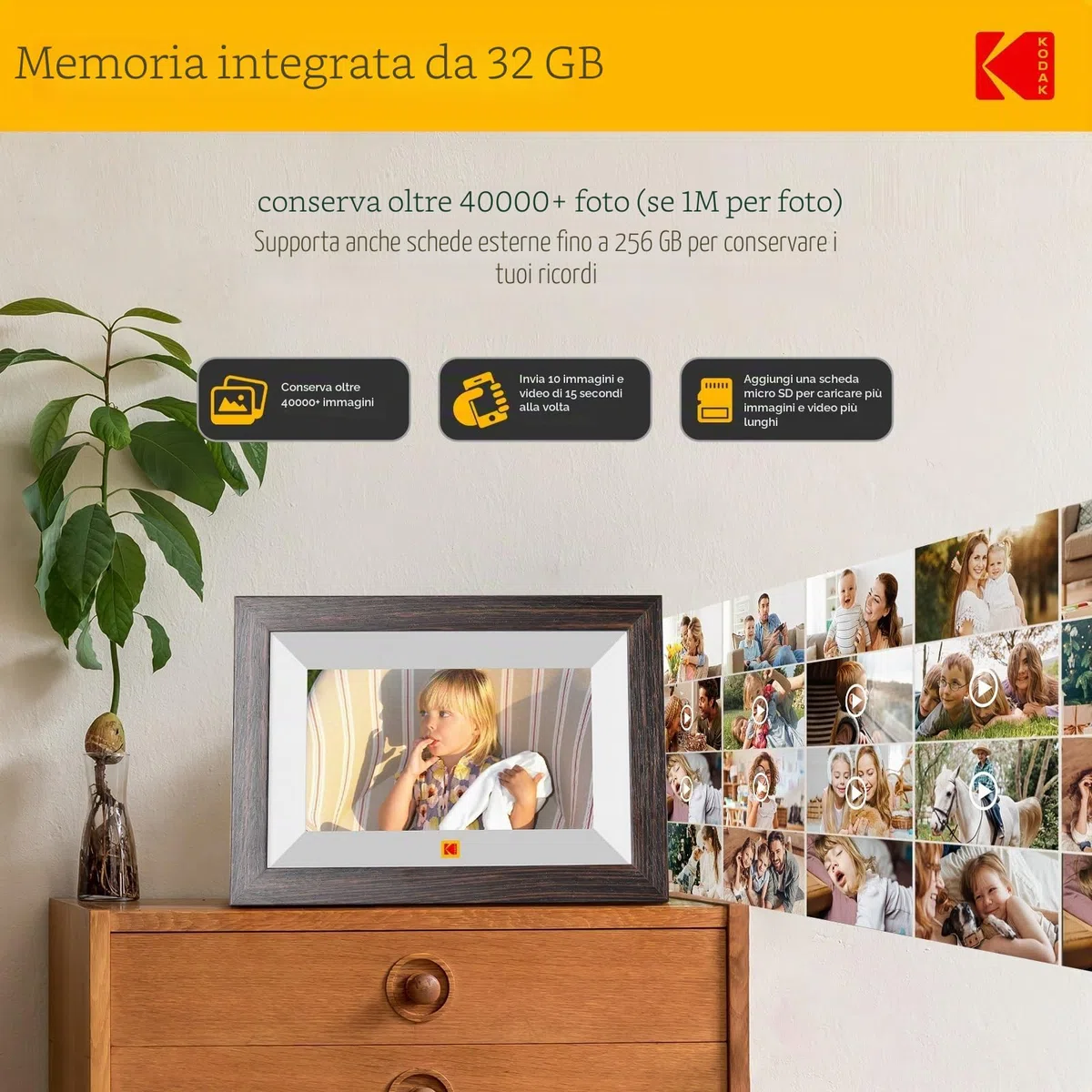KODAK Cornice Digitale WiFi Cornice Foto Digitale, 7 Pollici HD IPS Touchscreen, Legno Cornici Elettronica con 32GB di Memoria, Portafoto Digitale Condivisione di Foto/Video via APP o Cavo di USB C