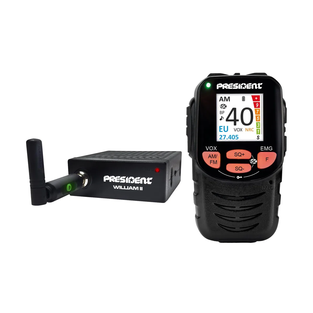 President William II ASC Radio CB Multistandard – Design Black Box con Comandi e Display su Microfono, 40 Canali AM/FM, 12V, Funzione VOX e Filtri ANL/NB – Compatta per Auto e Camion
