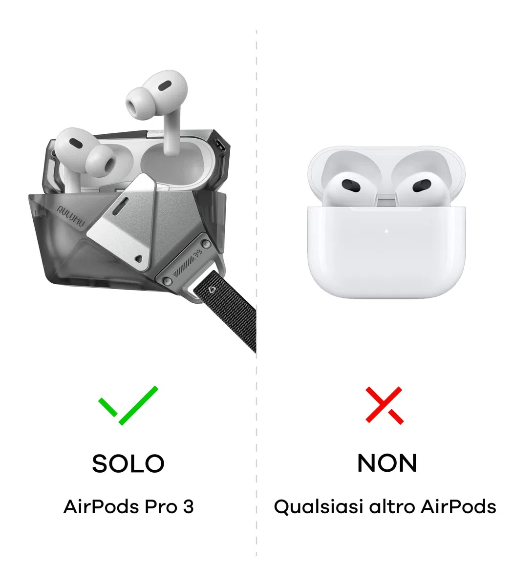 Aulumu A39 Cover per AirPods Pro 3 (2025) Custodia Geometrica con Serratura e Cordino, Case Cover Protettiva con Fibbia in Nylon, Armatura in Lega, Protezione Totale Contro le Cadute, Nero