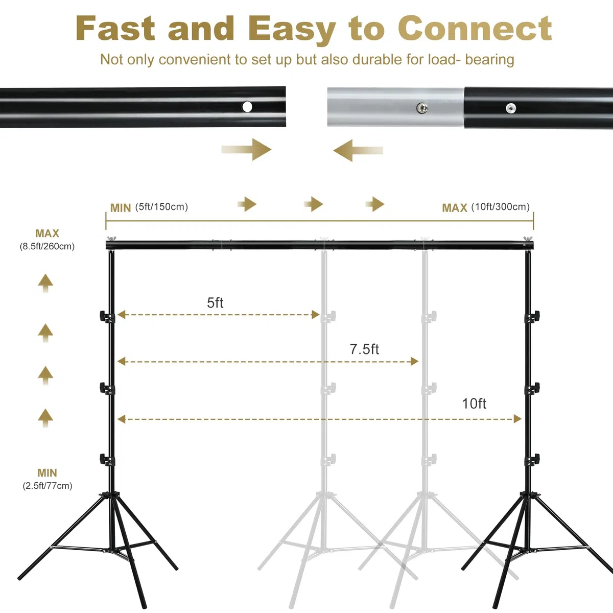 BENOISON Supporti per Sfondi - 2,6x3m Professional Regolabile Supporto di Fondale Fotografico Forte Portatile con 10 clips & 2 sacche d'acqua per Studio Fotografico, Live Streaming, Matrimoni (Nero)