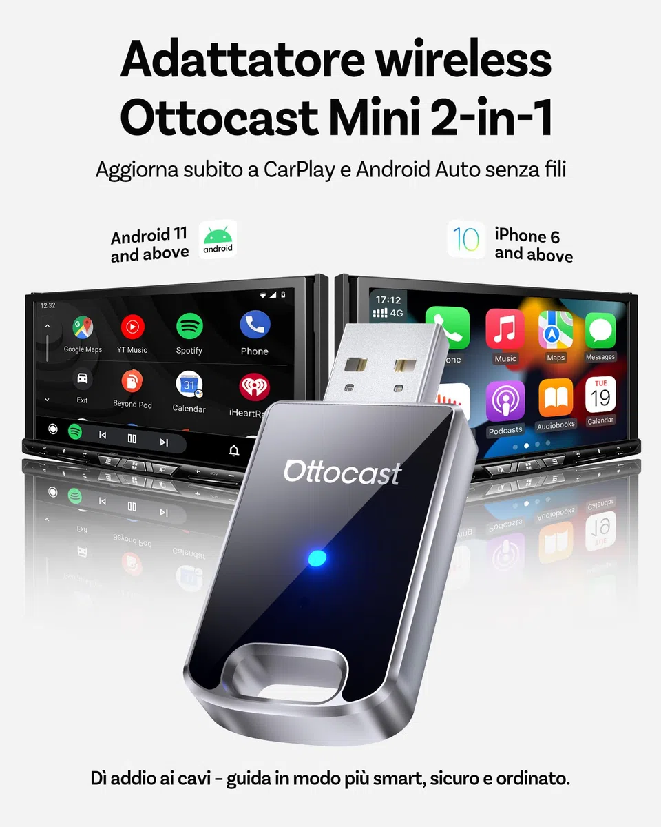 OTTOCAST Edizione 2026 Adattatore wireless per CarPlay & Android Auto, convertitore 2 in 1 da cablato a wireless, Plug & Play, riconnessione automatica, configurazione facile, ultra compatto
