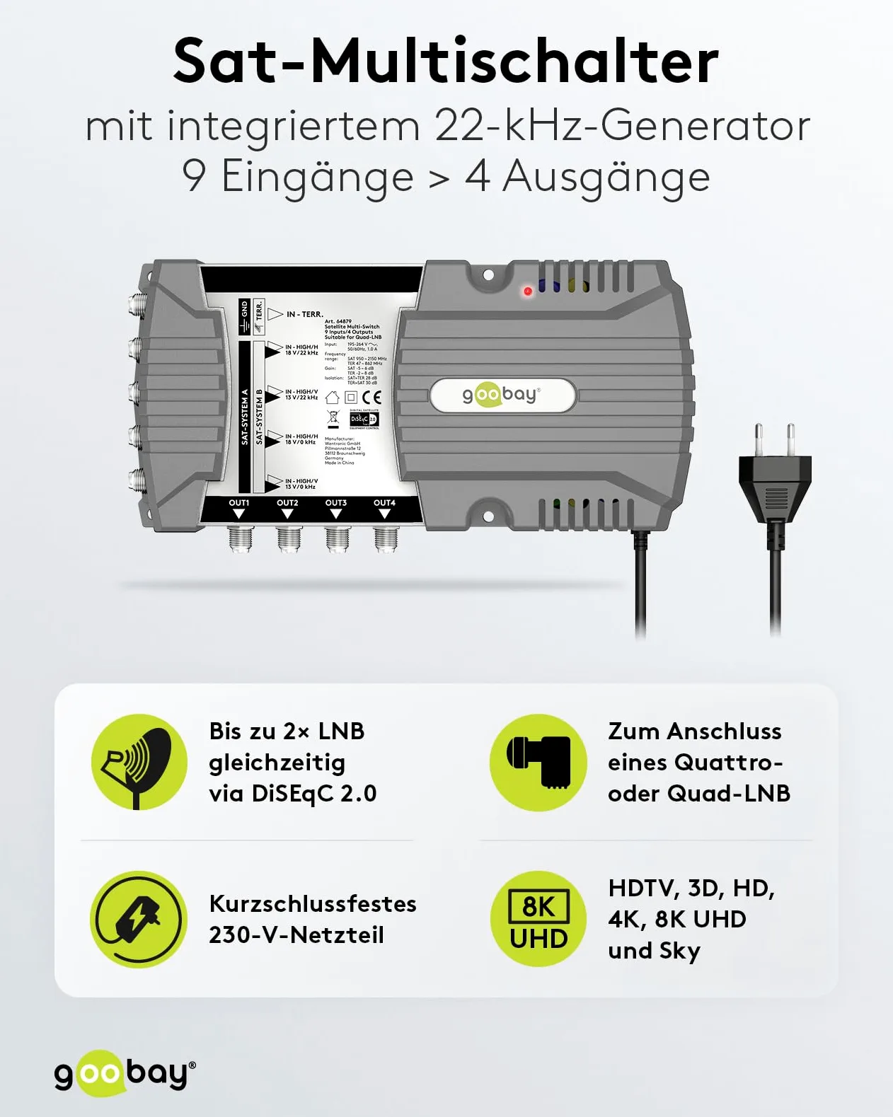 goobay 64879 - Interruttore multiswitch satellitare compatto, 9 ingressi, 4 uscite, 4 K, 8 K, UHD/DAB+, per 4 partecipanti