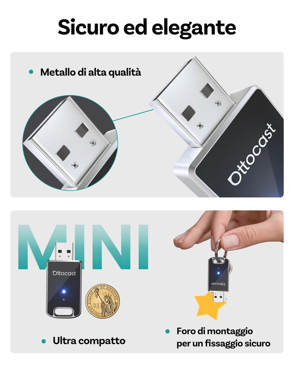 OTTOCAST Edizione 2026 Adattatore wireless per CarPlay & Android Auto, convertitore 2 in 1 da cablato a wireless, Plug & Play, riconnessione automatica, configurazione facile, ultra compatto