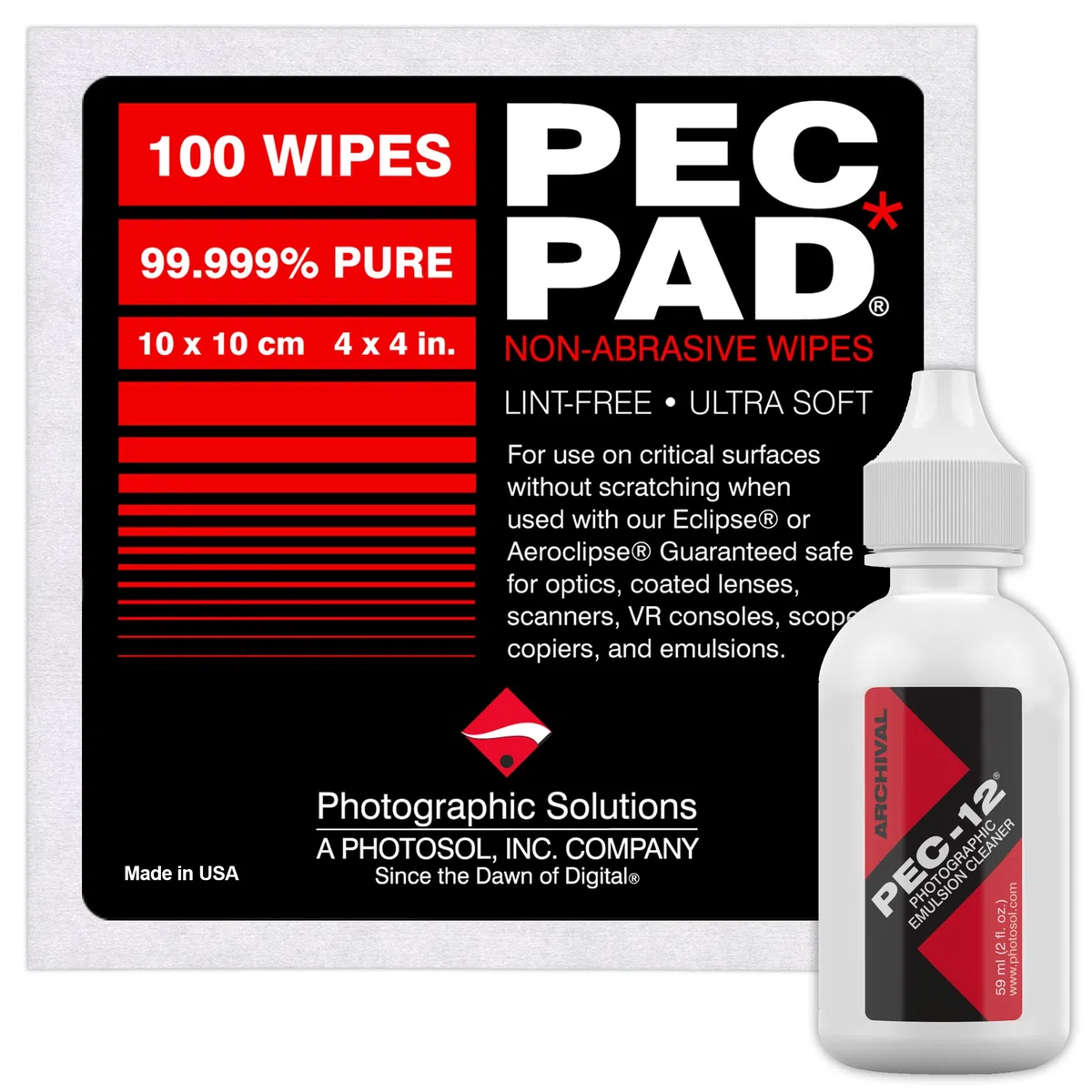 PEC-12 Photographic Emulsion Cleaner Kit and PEC-PAD Lint Free Non-Abrasive Wipes 4"x4" 100 Sheets per/Pkg - For Cleaning Film, Photo Negative, B&W Slide - Dropper Tip (59ml) 2oz