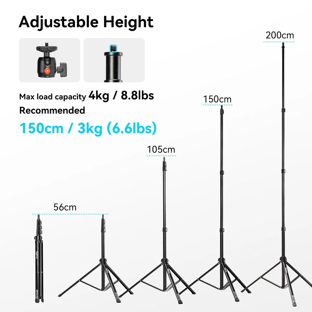 SMALLRIG Supporto Luminoso per Fotografia, Altezza Regolabile: 56-200 cm, Supporto Leggero Leggero per Riflettori, Softbox, Luci da Studio, Ombrelli, Luce Anulare, Carico Massimo 4 kg, RA-S200-4379