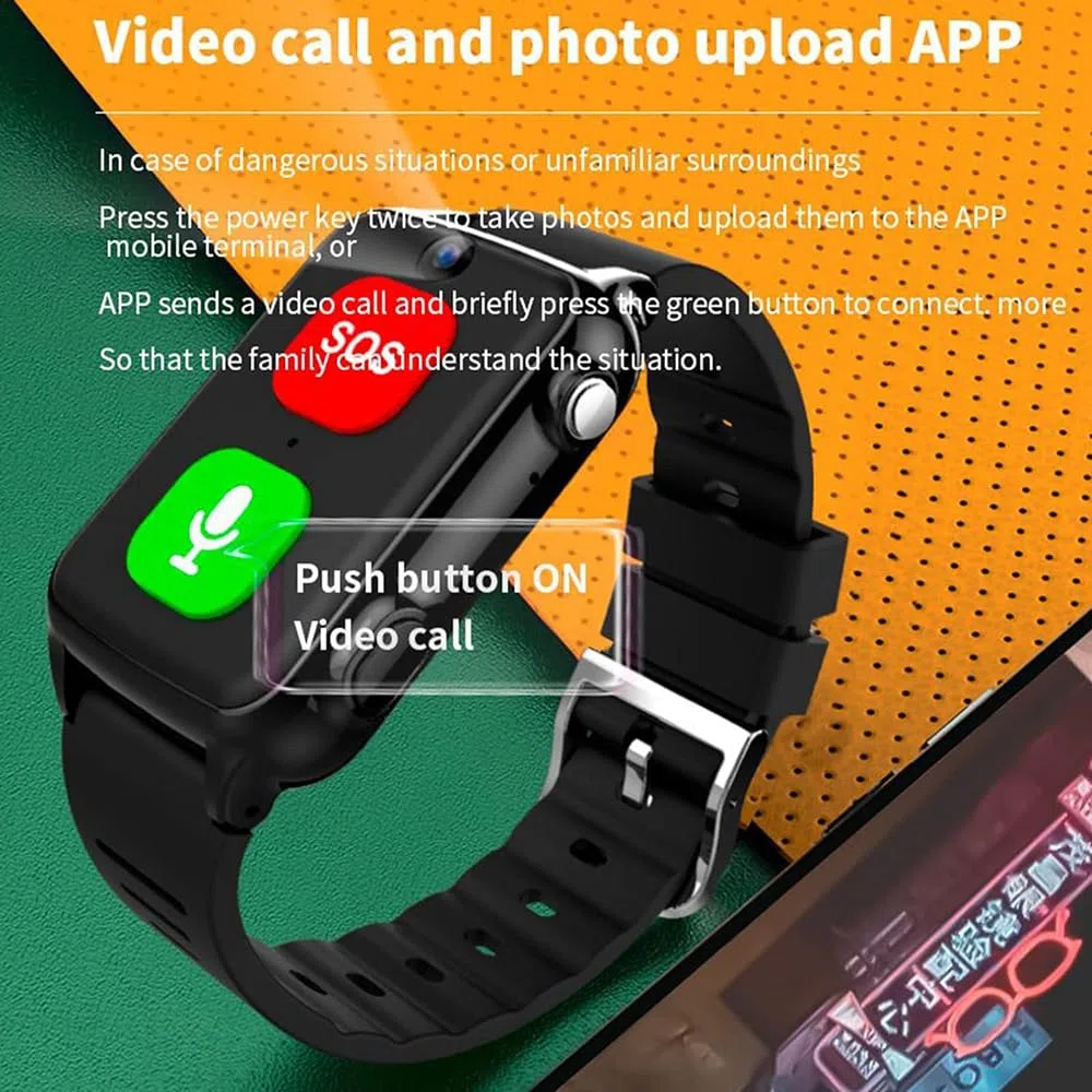 Braccialetto per chiamate di emergenza, impermeabile, 4 G, con fotocamera, pulsante SOS, promemoria caduta, cardiofrequenzimetro, per Alzheimer e demenza