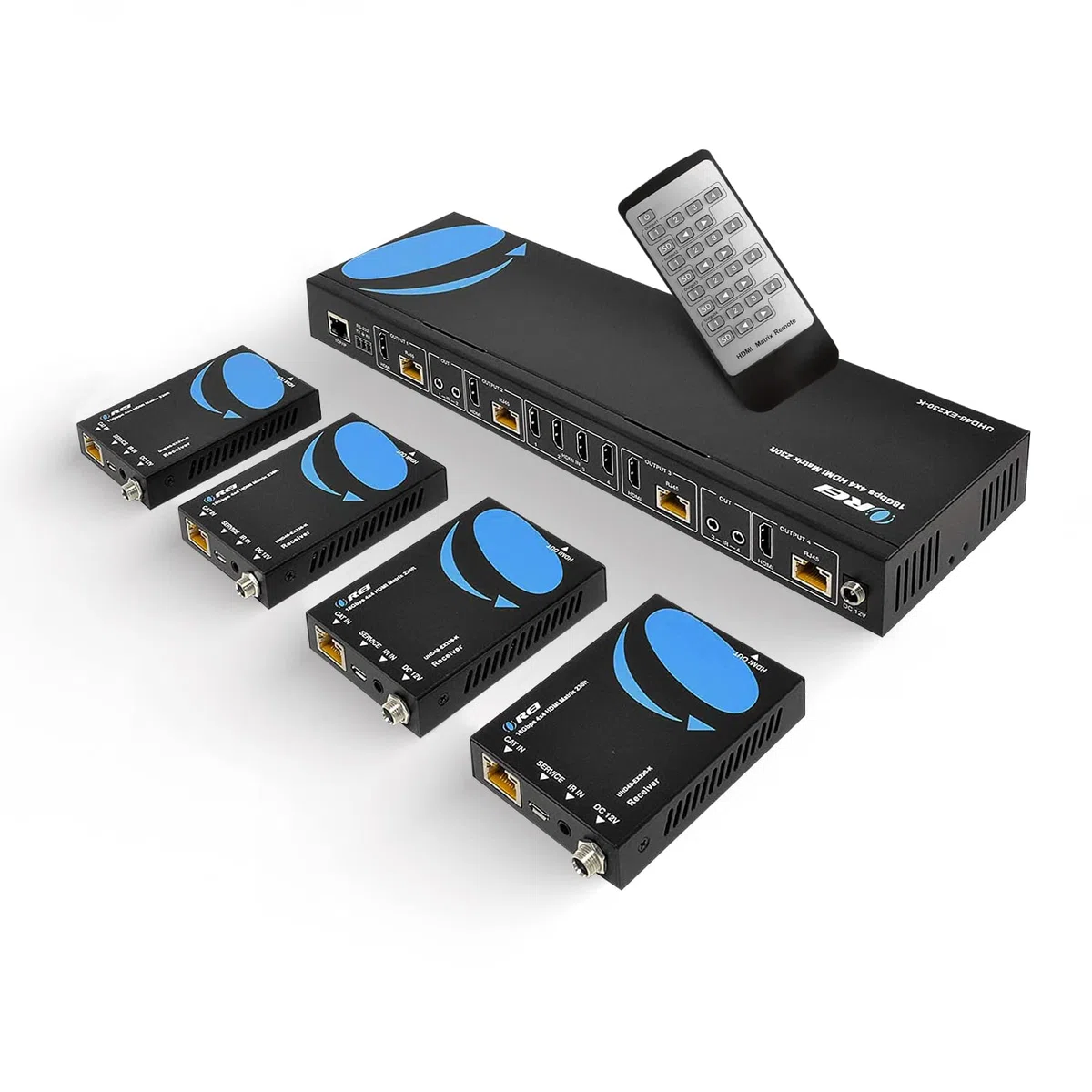 OREI 4K 4x4 HDMI Extender Matrix - UltraHD 4K @ 60Hz 4:4:4 su singolo cavo CAT5e/6/7 con commutatore HDR e controllo IR, RS-232 - fino a 230 Ft - 1080P Downscale - 4 x Loop Out - 4 ricevitori inclusi