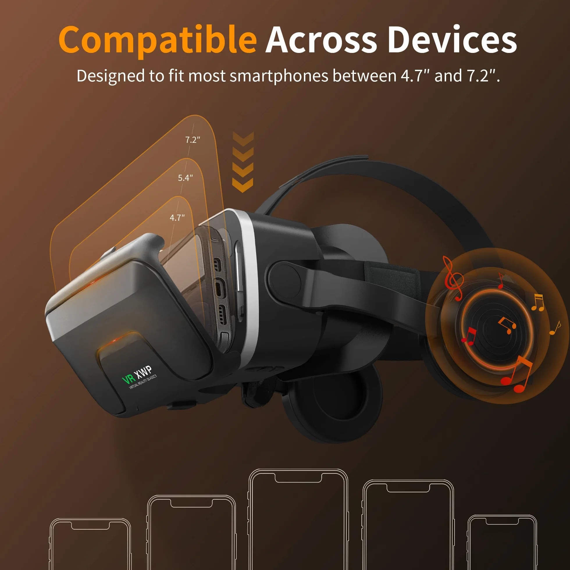 XWP Visore Realtà Virtuale Con Cuffie, Occhiali Per 3D VR Con Lenti HD, Compatibile Con iPhone E Android (4,7–7,2"), Immersivo Per Giochi, Film E Divertimento In Famiglia, Amici