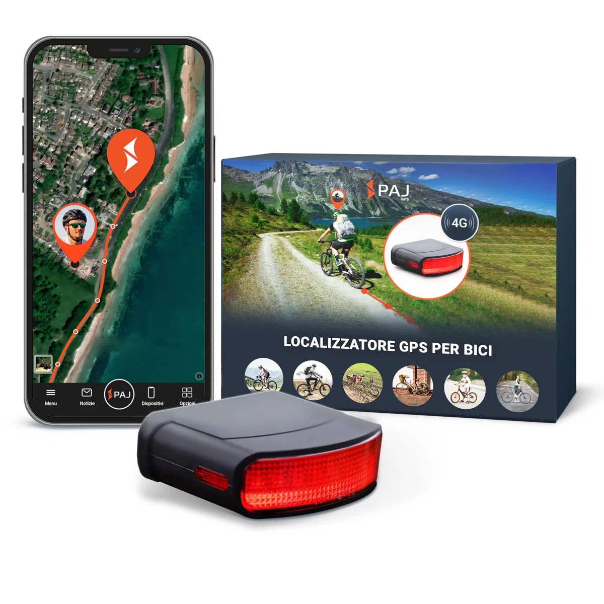 PAJ Tracker Fanale Posteriore 4G – Localizzatore GPS Bici, 3 Mesi Abbonamento Premium Inclusi, Tracking Tempo Reale, Allarme Caduta, Storico Percorsi, Geofence – Impermeabile, Fino A 20gg di Batteria