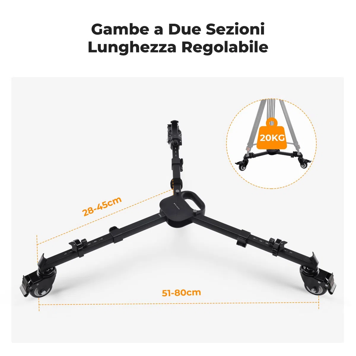 K&F Concept Heavy Duty Tripod Dolly, Carrucola per Treppiede Fotografica Universale con Ruote in Gomma da 3 inch e Gambe Regolabili e Borsa di Stoccaggio per Fotocamera e Videocamera, Max Carico 20kg