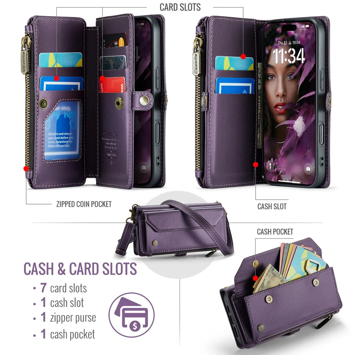 Dteck Custodia a portafoglio per iPhone 16 2024, con tracolla e cordino da polso, blocco RFID, slot per carte e tasche, custodia protettiva in pelle PU con funzione borsa/supporto, viola