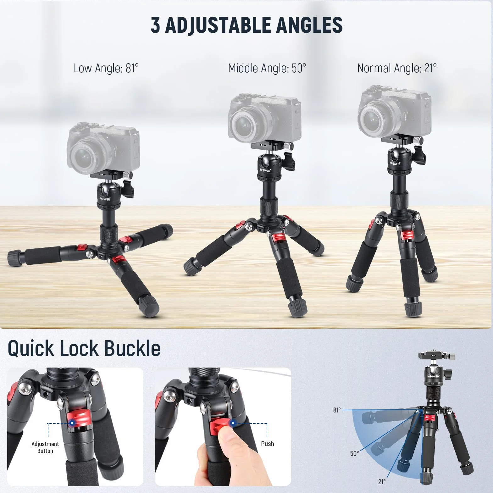 Neewer Mini treppiede desktop portatile -Lega di alluminio 50 centimetri con testa a sfera da 360 gradi, 6,35 cm piastra a sgancio rapido per videocamera DSLR Videocamera, carica fino a 5 chilogrammi