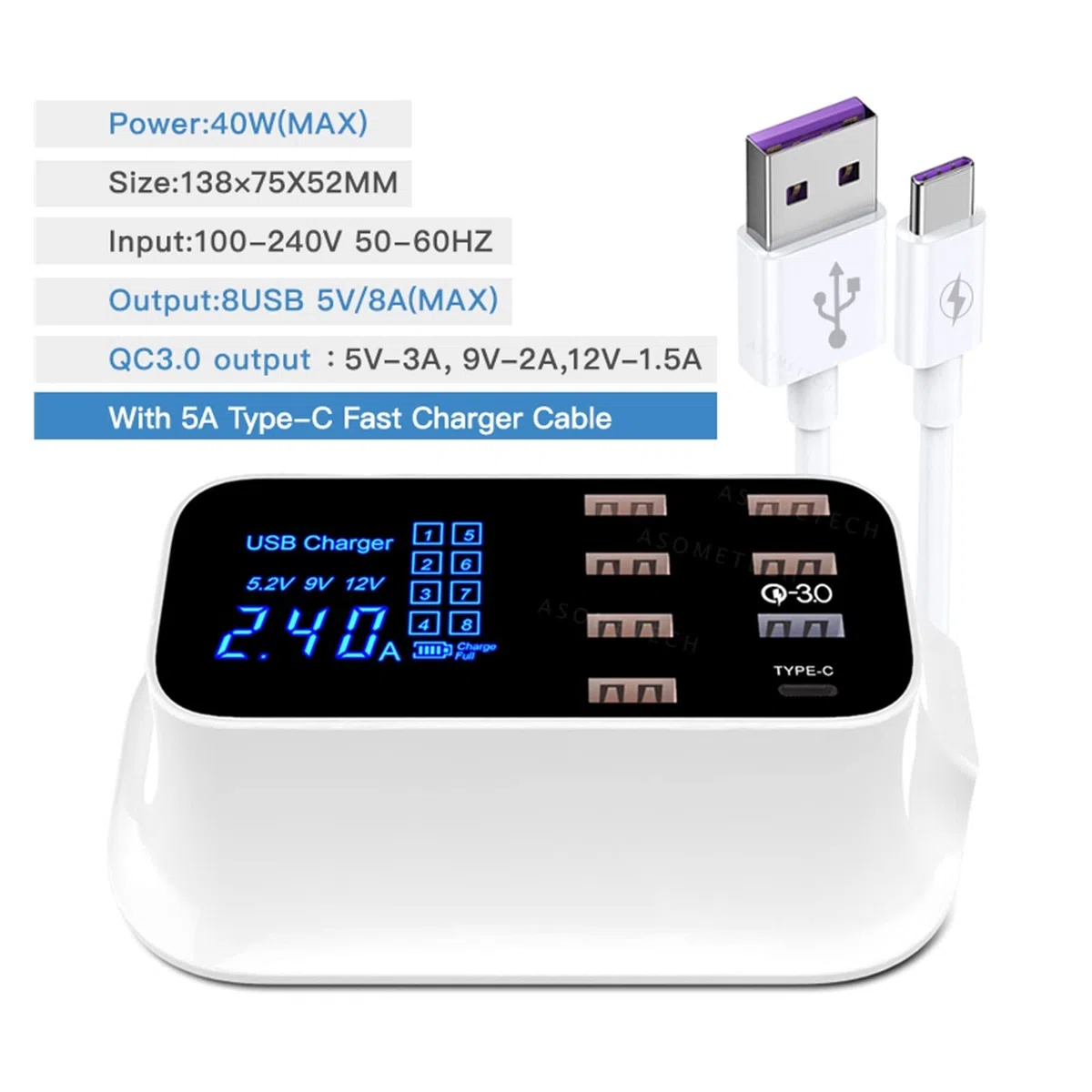 Caricatore USB multiplo, Caricabatterie USB universale universale con supporto for telefono Adattatore da parete con presa di ricarica rapida Hub compatibile con cellulare, tablet e altro per più disp