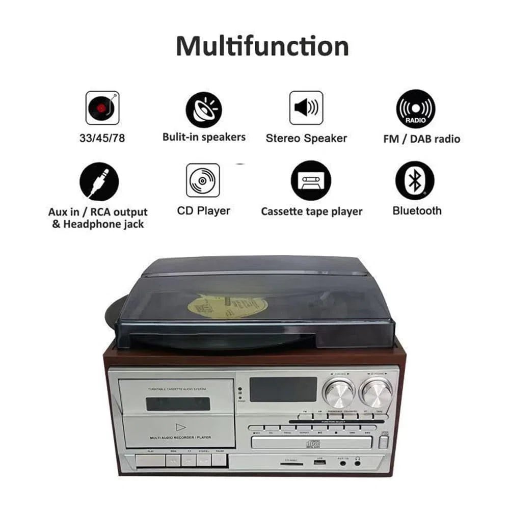 Sistema di intrattenimento retrò 10 in 1 con Bluetooth, lettore di cassette, giradischi in vinile, telecomando, altoparlanti integrati per uso domestico e ufficio