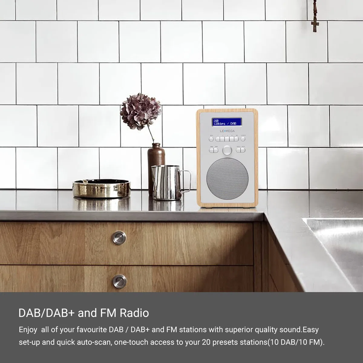 radio CR2+ (DAB Plus) – retro digitale FM, radio da cucina, ufficio, effetto legno, 20 stazioni, radiosveglia/snooze/sleep timer - rovere bianco