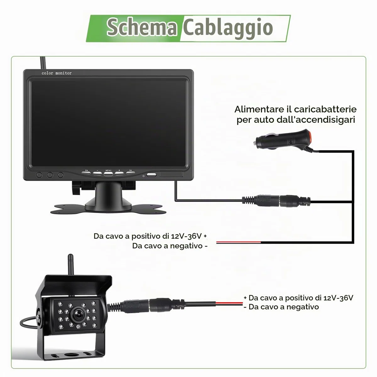 Telecamera di retromarcia wireless IP68 impermeabile con visione notturna, monitor HD da 7", telecamera di retromarcia ad alto rendimento con chip a prestazioni elevate, linea invertita, BSD