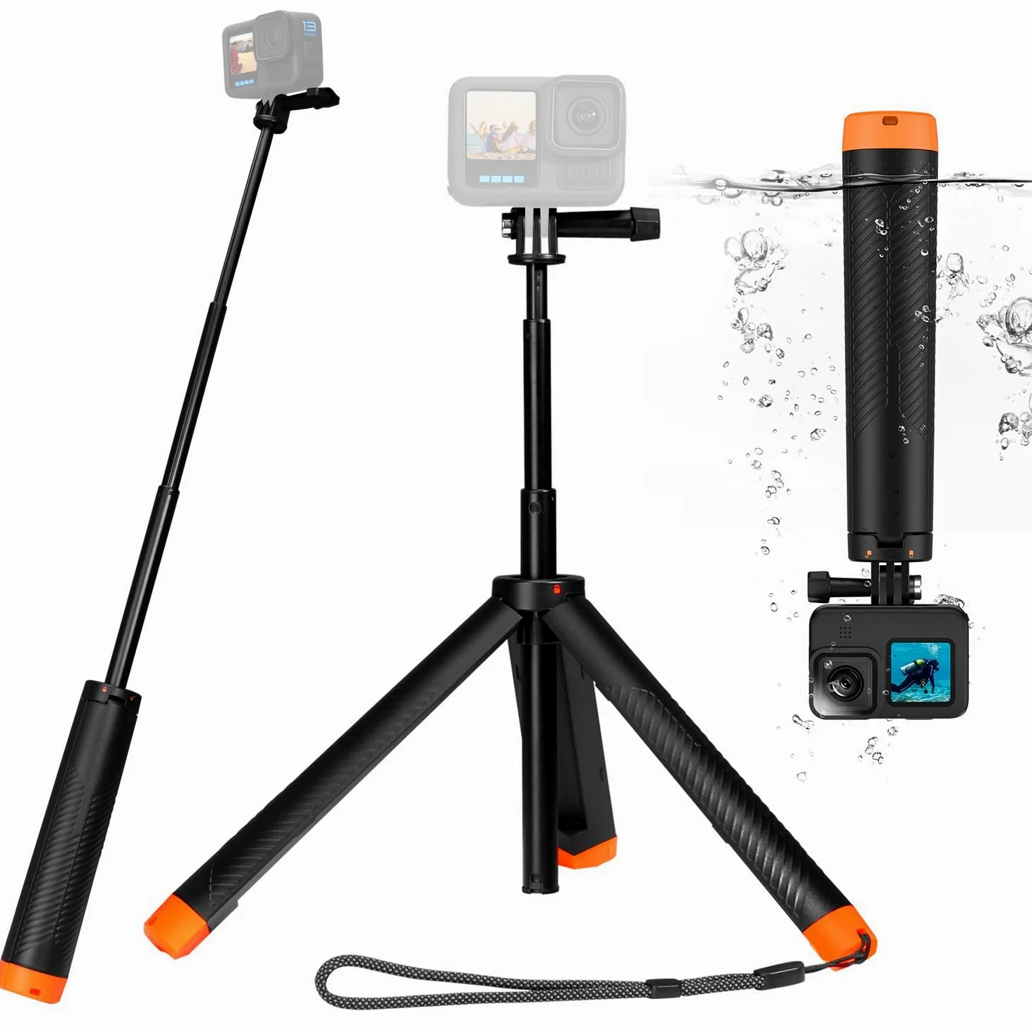 Galleggiante Monopiede Grip mano Treppiede impermeabile estensibile Selfie Monopiede per Go Pro Hero 13,12, 11, 10, 9, 8, 7, 6, 5, 4, 3, DJI Action 5 Pro 4/3, Videocamera d'azione