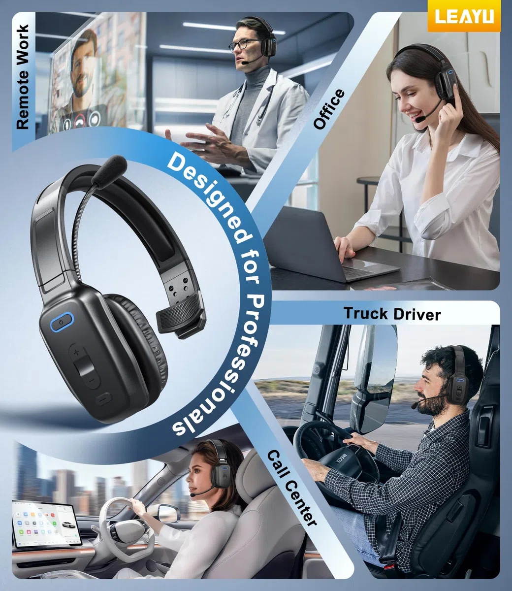 LEAYU Cuffie Bluetooth, 60 ore con cancellazione del rumore V5.2, cuffie wireless con microfono, pulsante muto, multipunto, per cellulari, PC, computer, camion, autista, ufficio, lavoro, nero