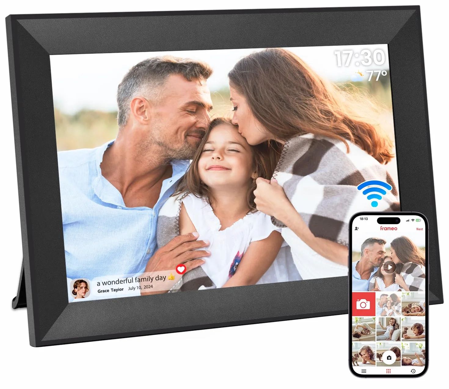Hesmor Cornice Digitale Foto WiFi 10.1 Pollici 1280x800 32 GB Portafoto Digitale Schermo Tattile IPS LCD Frameo Cornice Foto Digitale Elettronica Rotazione Auto Condividi Foto e Video Tramite, Nero