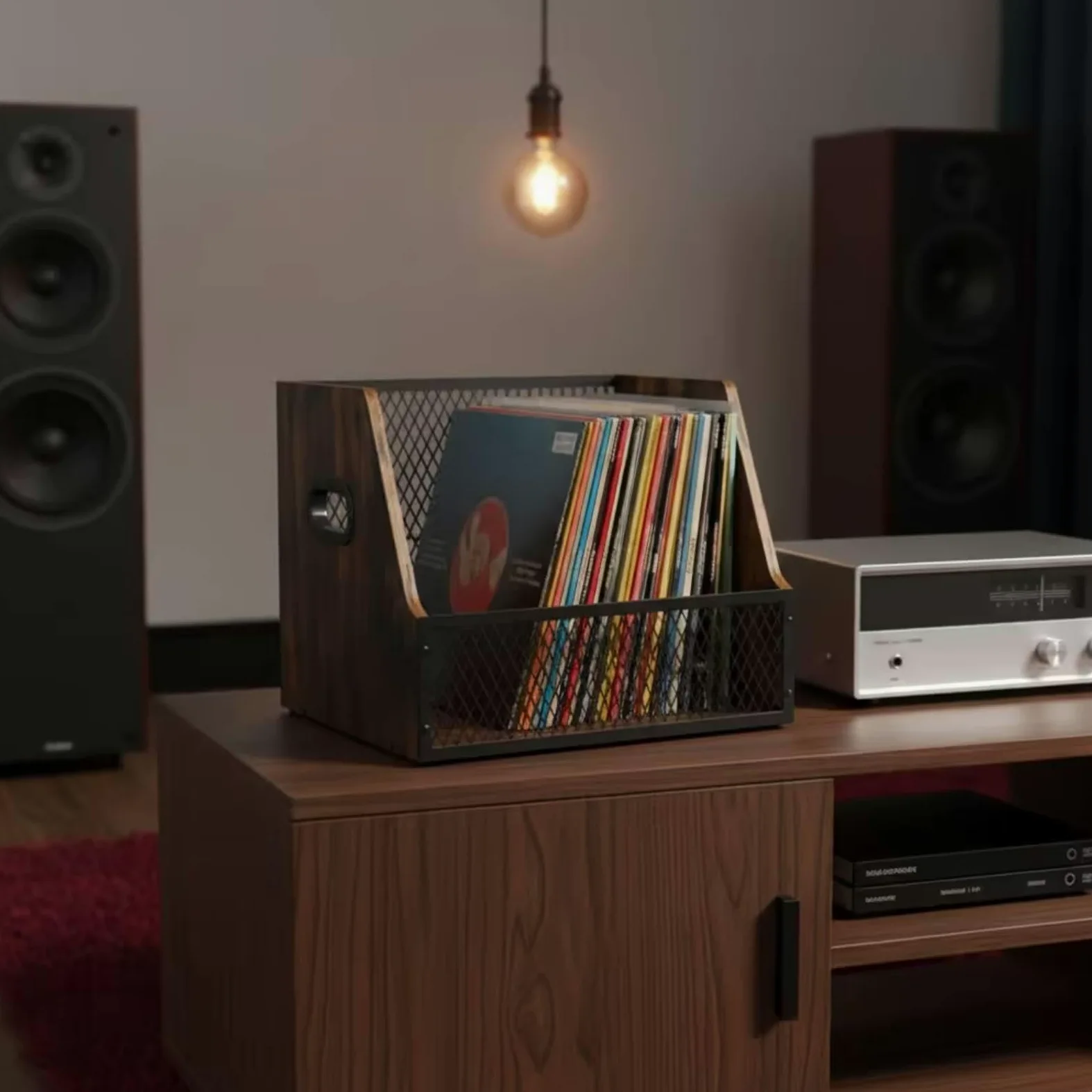 Porta Dischi Vinile Scatola Archivio LP Multifunzione in Legno Retro con Struttura Maniglie Trasporto Organizer Desktop Libreria Adatto per