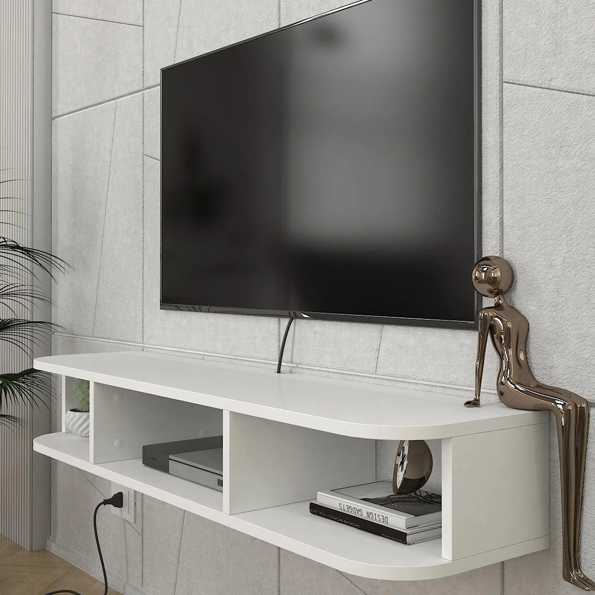 [en.casa] Mobile Porta TV Sospeso con 3 Vani Portaoggetti Scomparti Aperti Mensola da Parete Stand Multimediale con Passacavi 120 x 30 x 19 cm per Soggiorno - Bianco