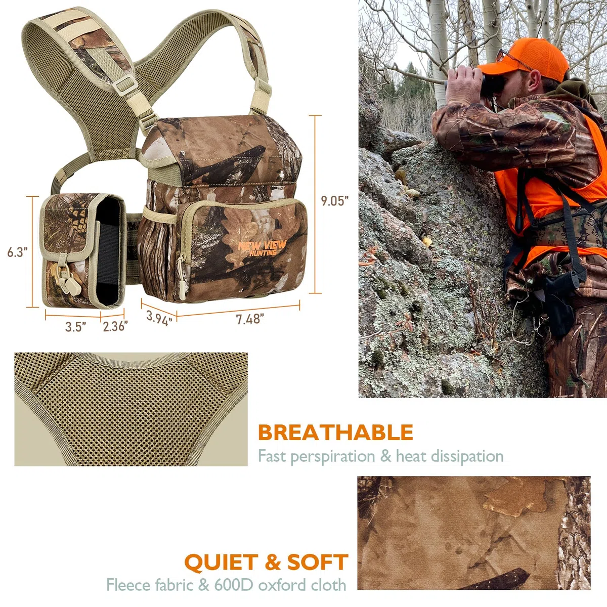 NewView Binocular Harness Chest Pack con tasca rimovibile, cinturino binario regolabile e parapioggia, ideale per caccia, escursioni e birdwatching Quiet-M