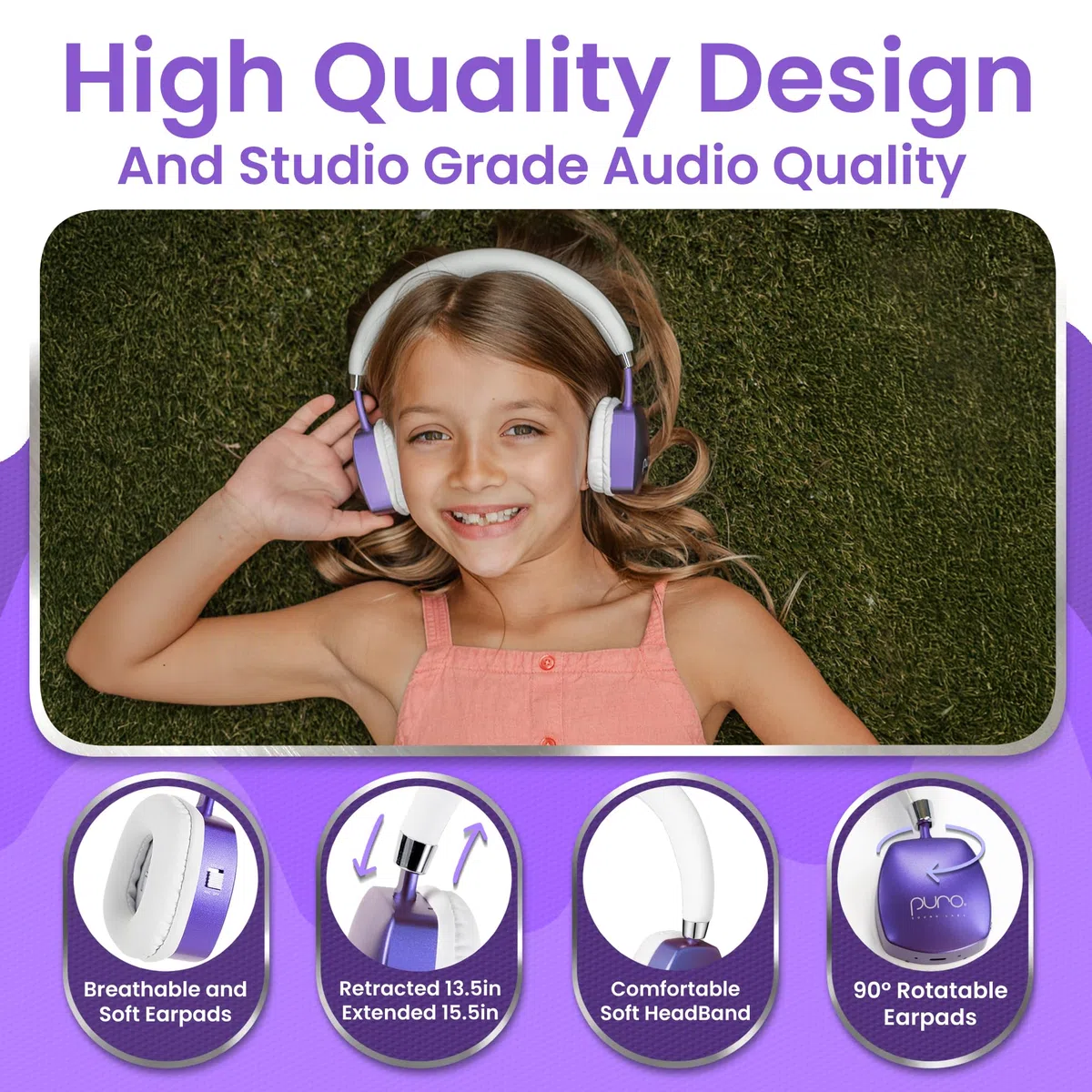 Puro Sound Labs PuroQuiet Plus, cuffie Bluetooth ANC per bambini, con microfono e suono sicuro, qualità studio (viola)