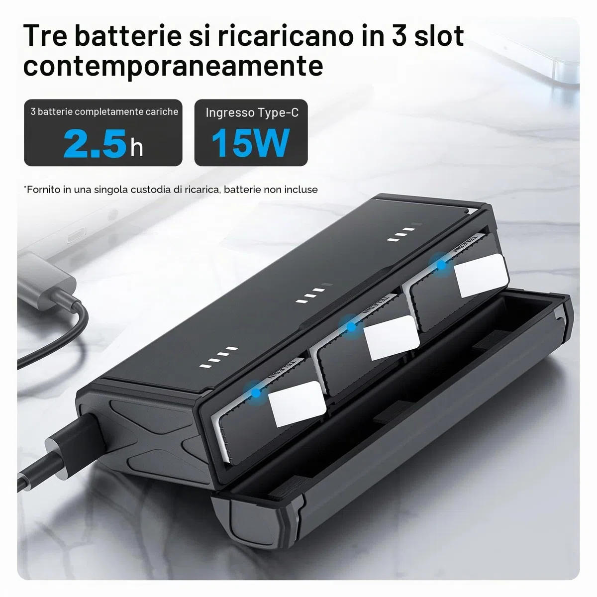 TELESIN Caricabatteria Tascabile per GoPro Hero 12 11 10 9, Ricarica Rapida, Design Portatile, 3 Slot, 2 Memorie per Schede TF, Compatibile con Batterie Enduro e Standard, Accessori