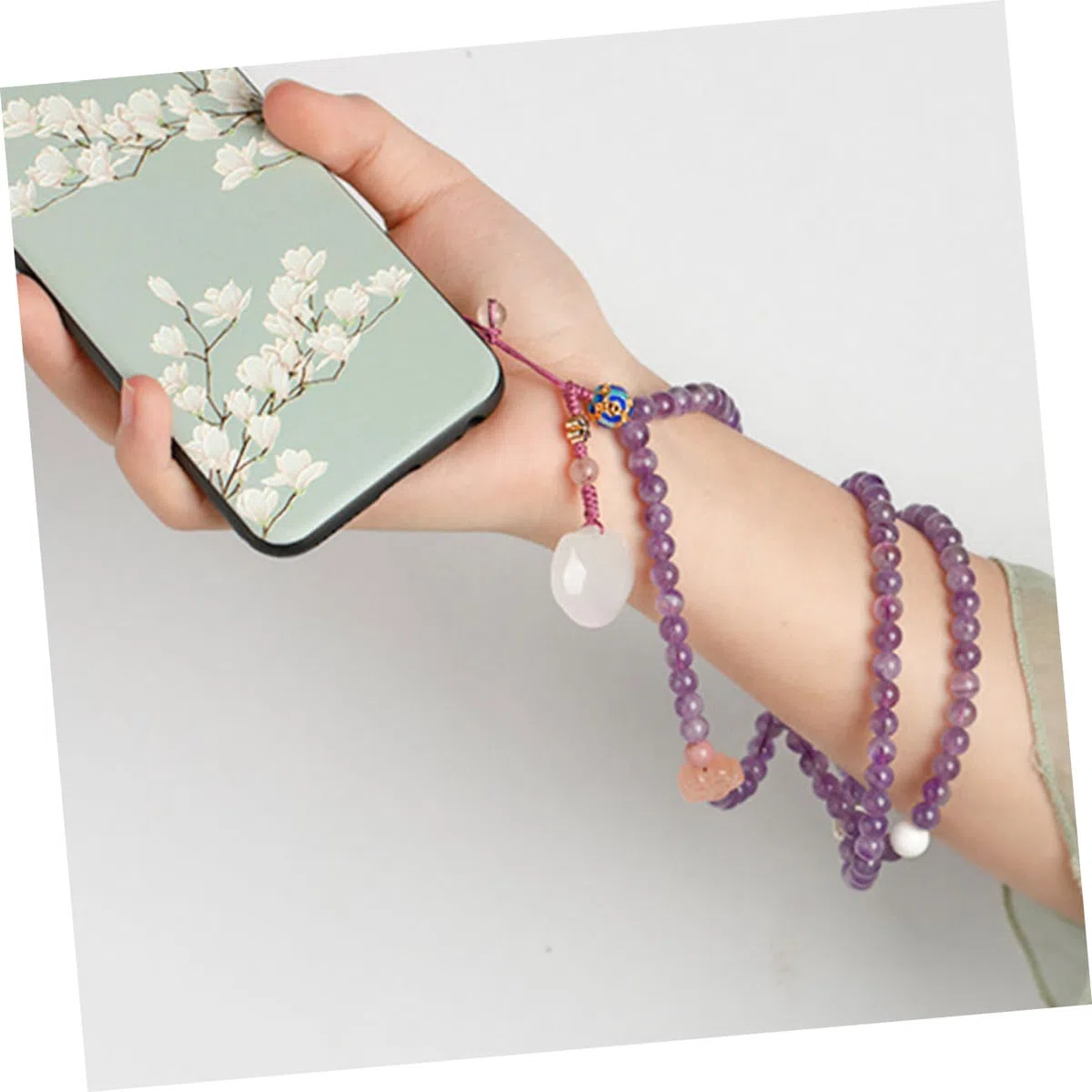 Housoutil Laccio per Cellulare in Ametista Naturale Decorazione Elegante, Catena Lunga da Appendere Compatibile Custodia Telefono