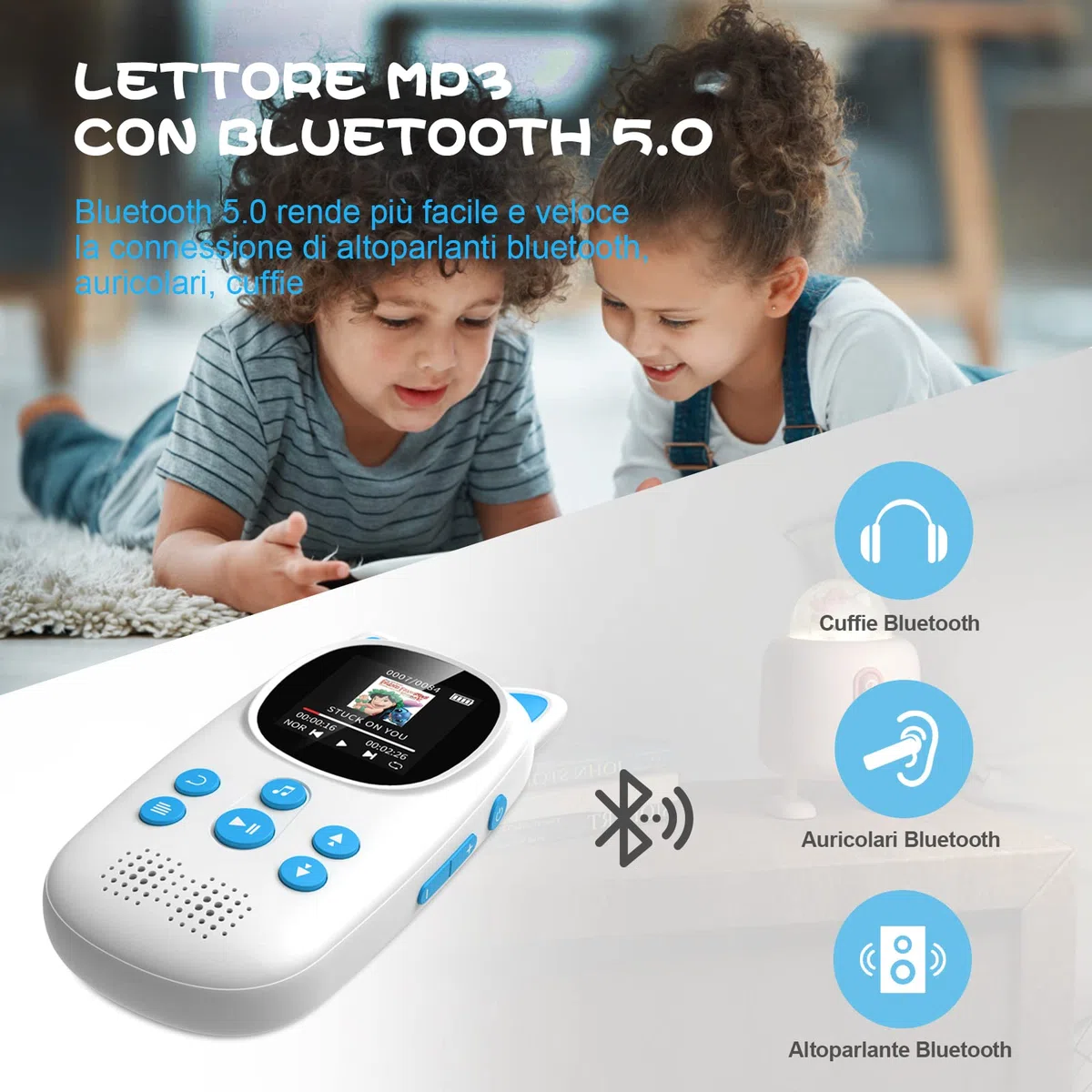 32GB Lettore MP3 Bluetooth 5.0 per Bambini, Oilsky MP3 Lettore Musicale Portatile per Lo Sport con 750mAh, Altoparlante HD Integrato, Radio FM (Blu)