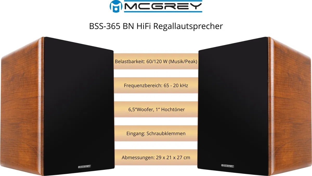 McGrey BSS-365 BN Coppia Diffusori da Scaffale HiFi 6, Casse HiFi Compatte | Potenza: 60 Watt (RMS)/ 120 Watt (Peak), Sistema 2 Vie, Woofer 6, 5" (16, 5 cm), Tweeter 1, 0" (2, 54 cm) con cupola in seta