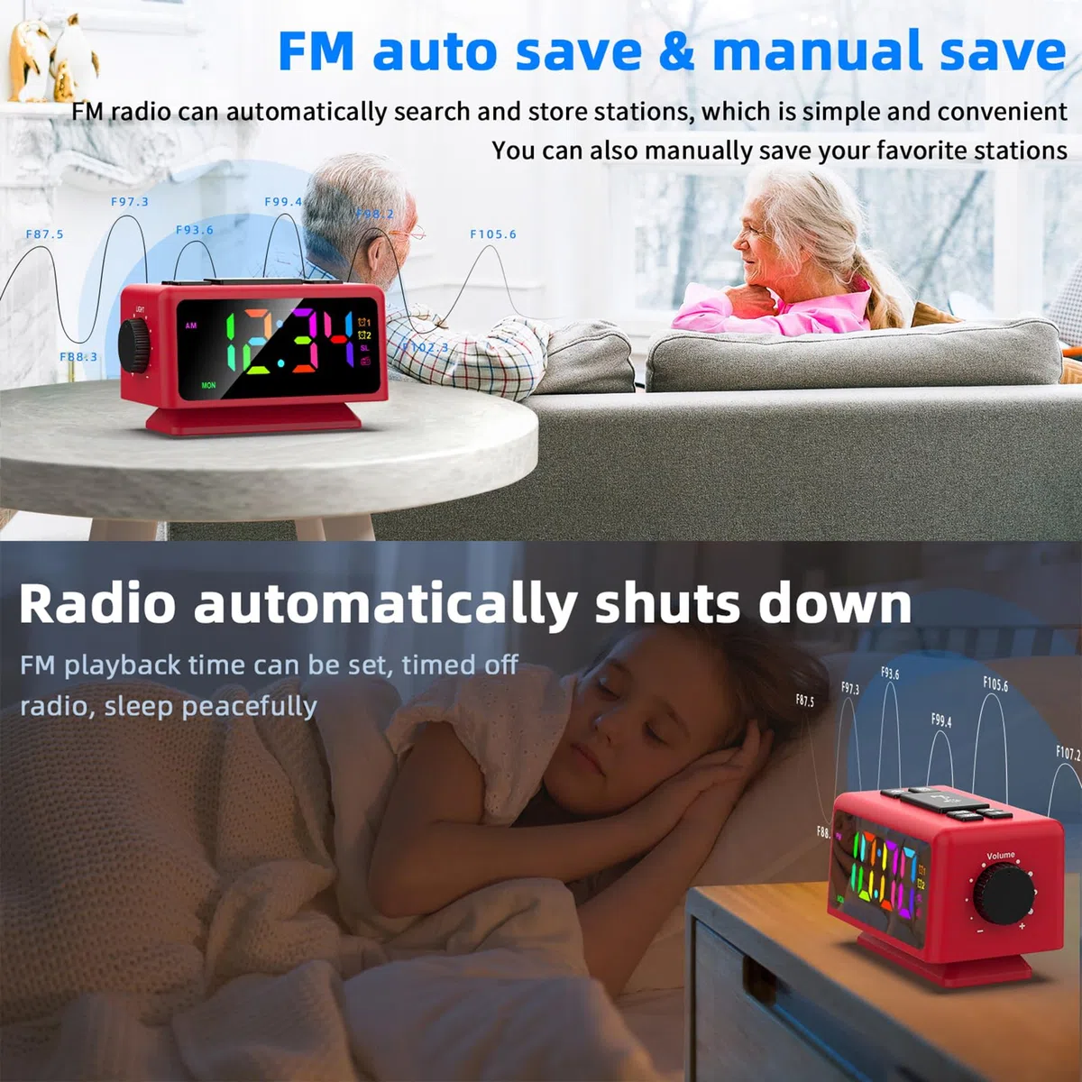 ThreeH Sveglia RGB con Radio 11 Colori Display Orario 12 Livelli Volume e Luminosità Regolabile Macchina del Suono del Sonno con 2 Porte di Ricarica USB Rosso