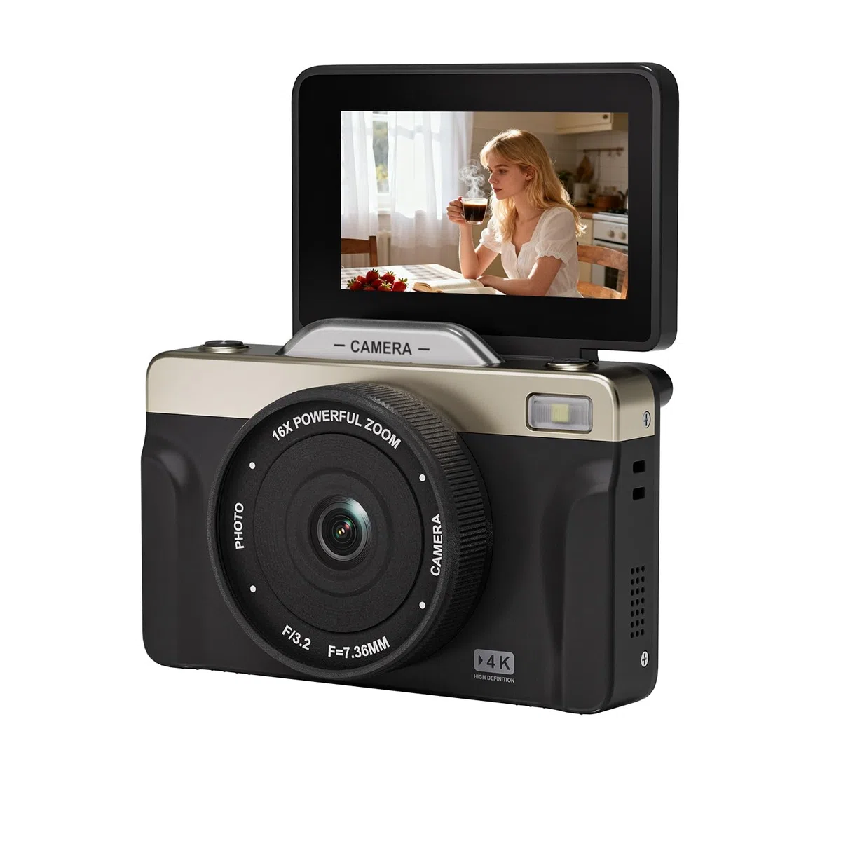 Fotocamera digitale 4K con zoom 16X Anti Shake, 3" LCD 180° Flip Screen Compact Vlogging Camera con 32G SD-Card, Nero