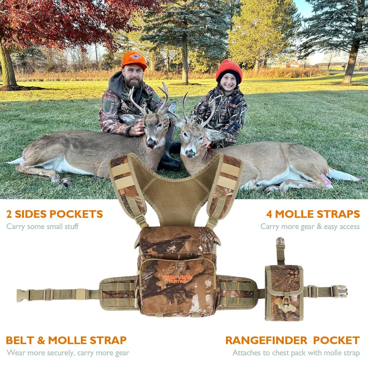 NewView Binocular Harness Chest Pack con tasca rimovibile, cinturino binario regolabile e parapioggia, ideale per caccia, escursioni e birdwatching Quiet-M