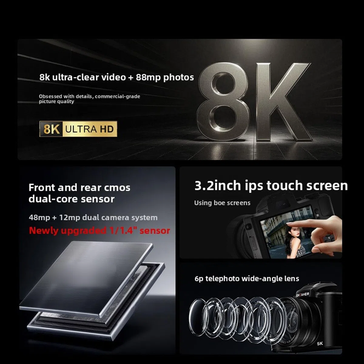 ASHATA Fotocamera digitale 8K 88MP HD con touch screen per principianti e appassionati di fotografia, nero