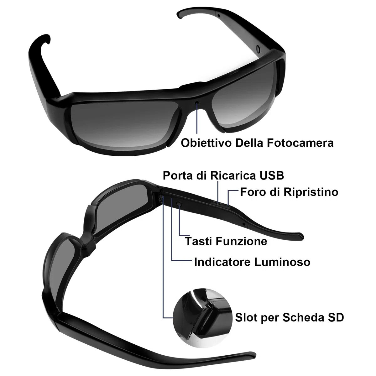 Occhiali da Sole con Telecamera Nascosta, Videocamera Sportiva HD 1080P | Mini Telecamera Spia nascosta, Videocamera da Occhiali per Ciclismo/Escursionismo, Registrazione in Loop