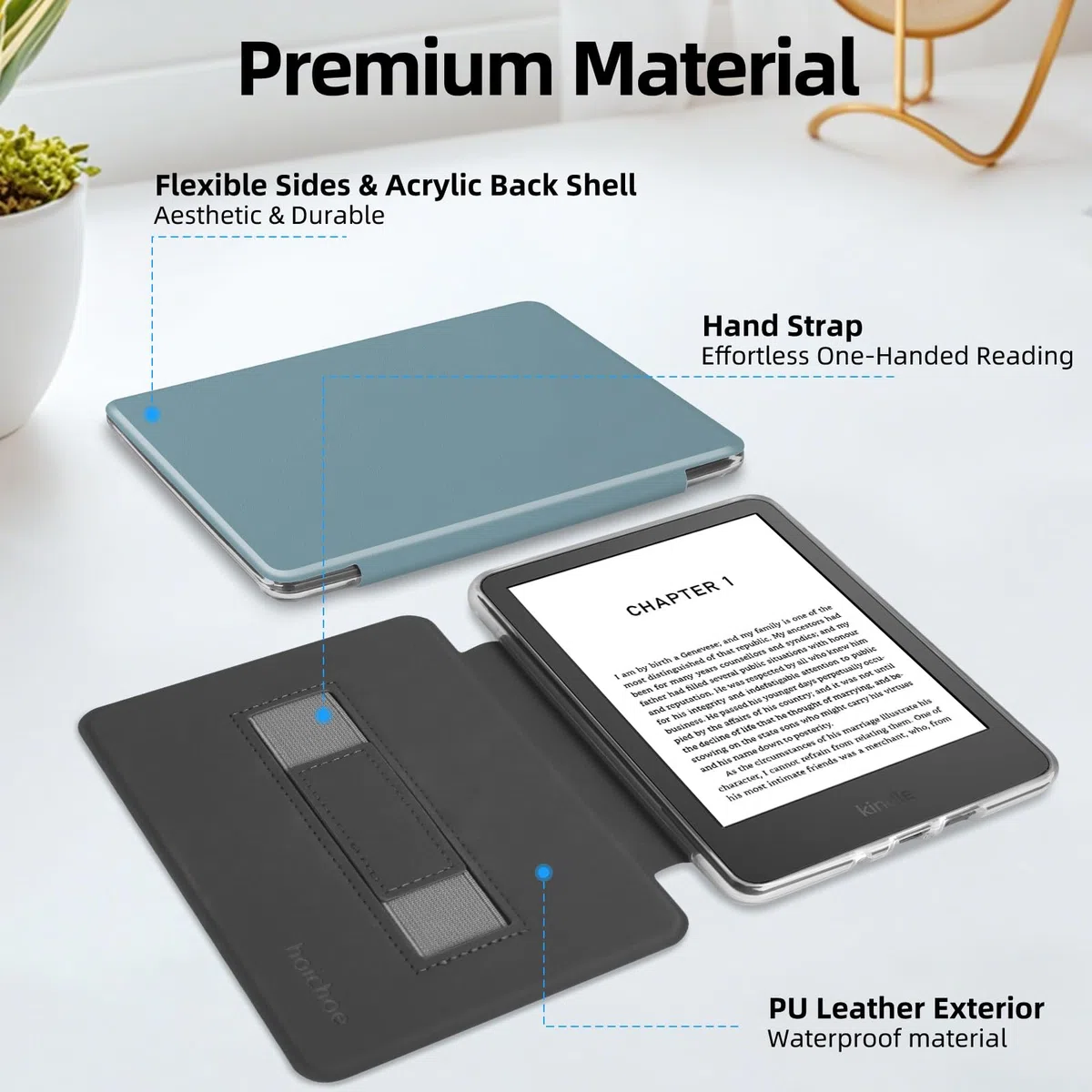 Custodia con cinturino da polso per Kindle Paperwhite da 6 pollici di 5a/6a/7a generazione 2012-2017 (modello n. DP75SDI & EY21), custodia in pelle PU leggera e guscio posteriore rigido