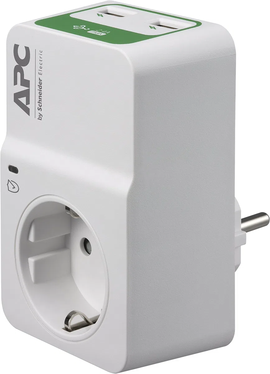 APC Surge Protector – PM1WU2-GR – Adattatore con protezione da sovratensione (1 spina Schuko, 2 uscite di ricarica USB, bianco)